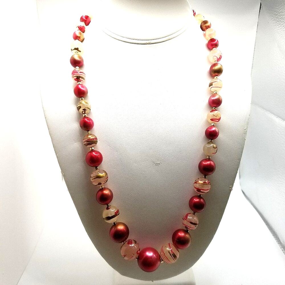 Vintage Hong Kong Beaded Necklace Red White Gold 1950s 1960s Lucite Beads 24"